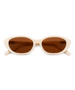 Soft beige frame med varme brune glas og understated luxury vibe.